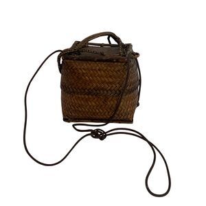 VTG Japanese Bamboo Ikebana Woven Wave Lidded Basket Purse Square Bag